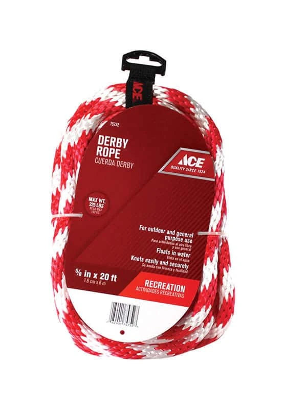 Ace 5/8 In. D X 20 Ft. L Red/White Solid Braided Poly Derby Rope
