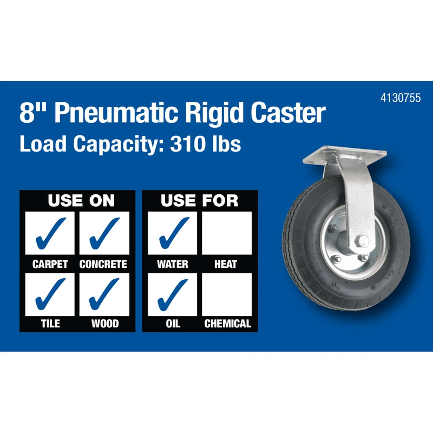 Titan 8 In. D Rubber Pneumatic Caster 310 Lb 1 Pk