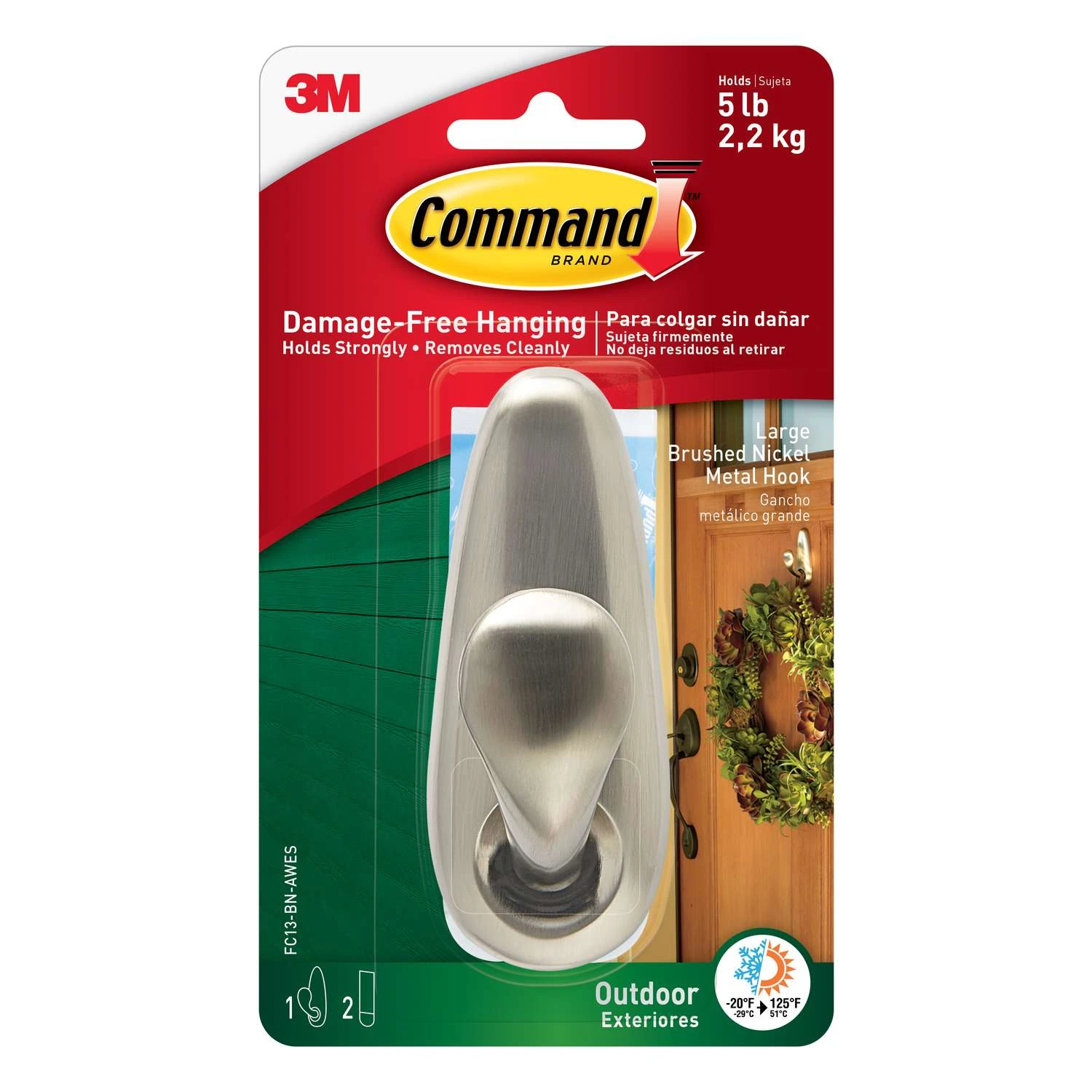 3M Command 1.62 In. L Brushed Nickel Metal Large Hook 5 Lb. Cap. 1 Pk