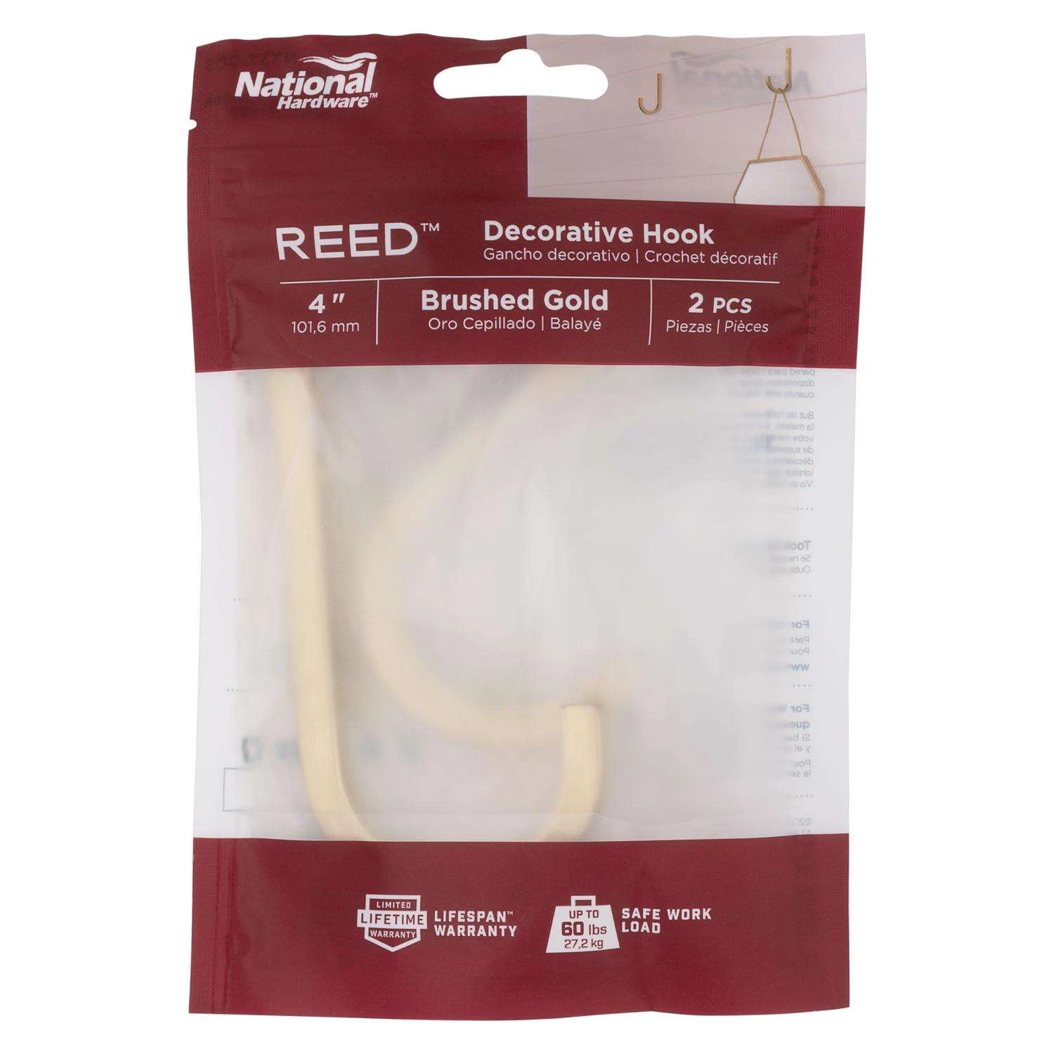 National Hardware Reed Medium Brushed Gold Steel 4 In. L Hook 60 Lb 1 Pk - Image 6