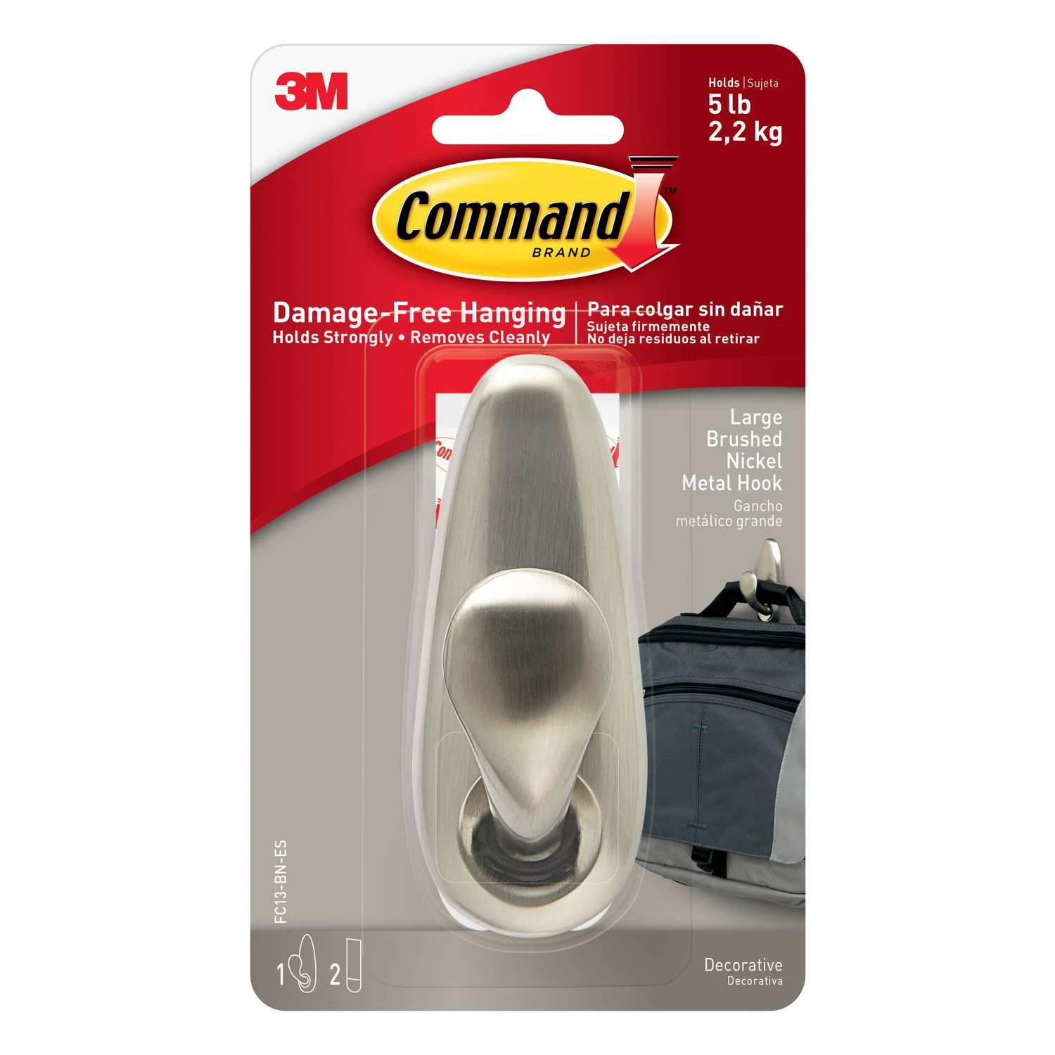 3M Command 4-1/8 In. L Brushed Nickel Metal Large Hook 5 Lb. Cap. 1 Pk